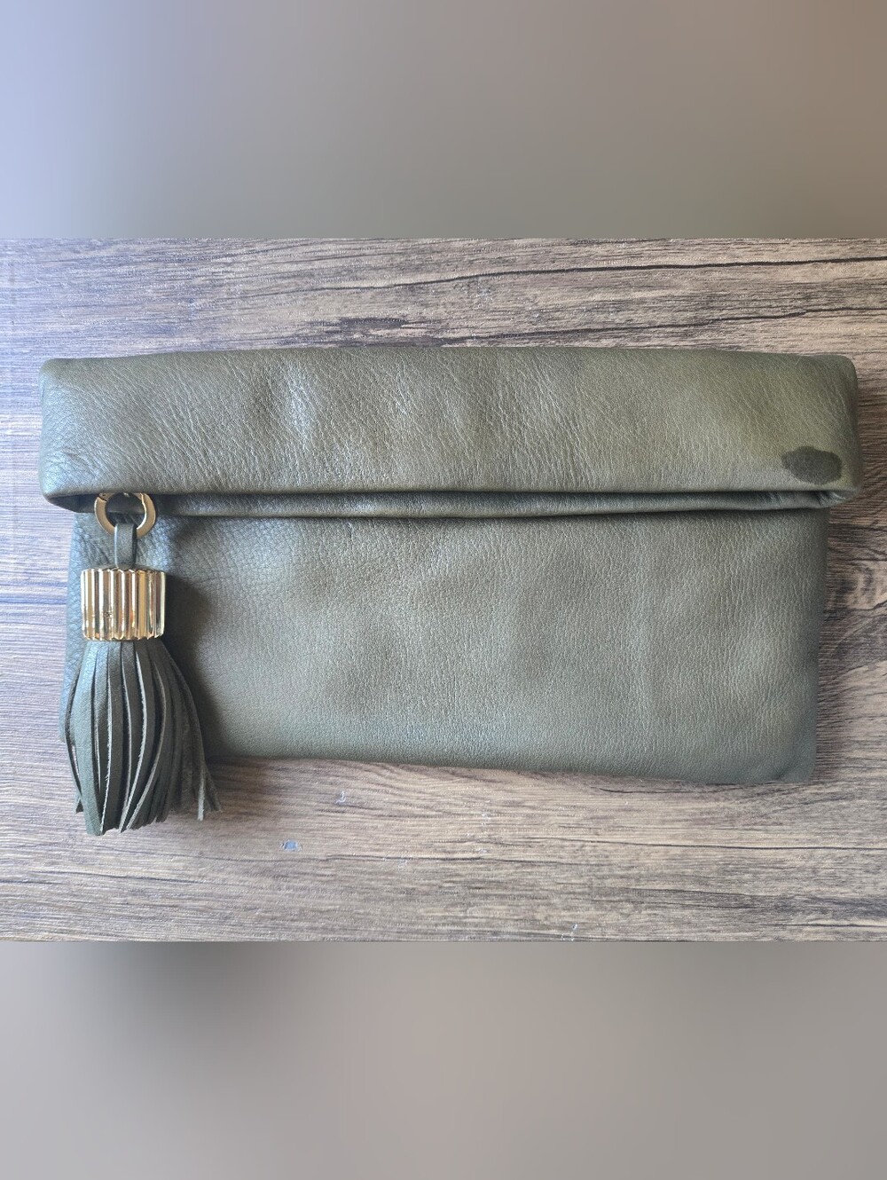 India Hicks Carmen Olive Green 100% Leather Foldover Clutch with Tassel
